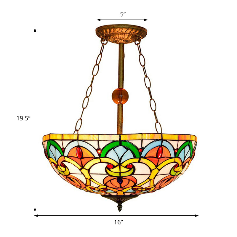 Multi-Colored Bowl Ceiling Mount Light Tiffany Victorian Stained Glass Inverted Ceiling Lamp for Bedroom Clearhalo 'Ceiling Lights' 'Chandeliers' 'Close To Ceiling Lights' 'Close to ceiling' 'Glass shade' 'Glass' 'Semi-flushmount' 'Tiffany close to ceiling' 'Tiffany' Lighting' 179215