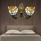 Stained Glass Bowl Wall Lamp with Curved Arm Baroque 2 Heads Wall Sconce Lighting in Aged Brass Yellow Clearhalo 'Industrial' 'Middle century wall lights' 'Tiffany wall lights' 'Tiffany' 'Wall Lamps & Sconces' 'Wall Lights' Lighting' 179326