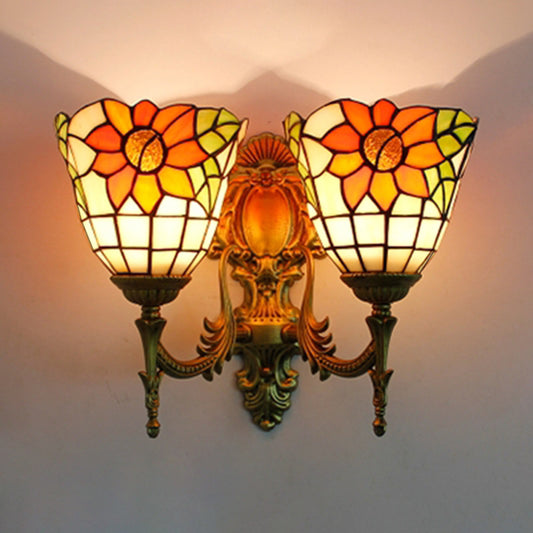 Sunflower Wall Mount Light Lodge Style Stained Glass 2 Heads Wall Lighting for Bedroom Clearhalo 'Industrial' 'Middle century wall lights' 'Tiffany wall lights' 'Tiffany' 'Wall Lamps & Sconces' 'Wall Lights' Lighting' 179339