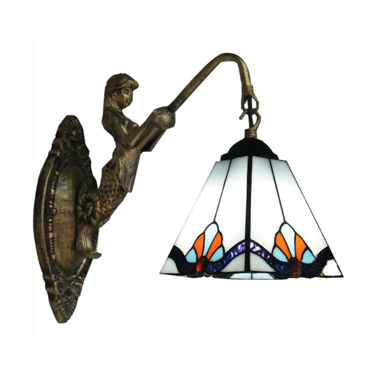 Pyramid White Glass Wall Light Fixture Tiffany 1 Head Antique Bronze Sconce Lighting Clearhalo 'Industrial' 'Middle century wall lights' 'Tiffany wall lights' 'Tiffany' 'Wall Lamps & Sconces' 'Wall Lights' Lighting' 179344