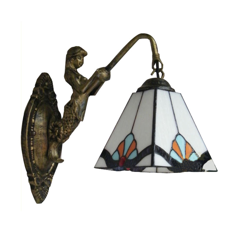 Pyramid White Glass Wall Light Fixture Tiffany 1 Head Antique Bronze Sconce Lighting Clearhalo 'Industrial' 'Middle century wall lights' 'Tiffany wall lights' 'Tiffany' 'Wall Lamps & Sconces' 'Wall Lights' Lighting' 179345