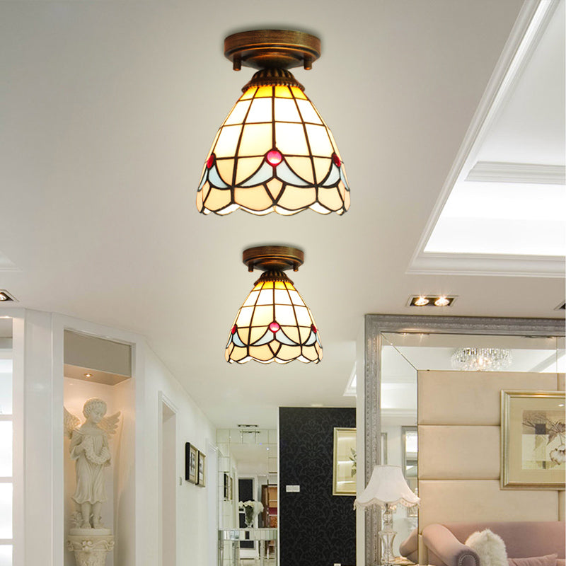 Corridor Craftsman LED Ceiling Mount Light Stained Glass 1 Bulb Ceiling Lamp in White/Beige/Orange/Blue/Blue-Pink/Blue-White for Foyer Beige Clearhalo 'Ceiling Lights' 'Close To Ceiling Lights' 'Close to ceiling' 'Glass shade' 'Glass' 'Semi-flushmount' 'Tiffany close to ceiling' 'Tiffany' Lighting' 179353