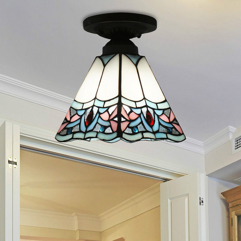 Corridor Craftsman LED Ceiling Mount Light Stained Glass 1 Bulb Ceiling Lamp in White/Beige/Orange/Blue/Blue-Pink/Blue-White for Foyer Blue-Pink Clearhalo 'Ceiling Lights' 'Close To Ceiling Lights' 'Close to ceiling' 'Glass shade' 'Glass' 'Semi-flushmount' 'Tiffany close to ceiling' 'Tiffany' Lighting' 179360