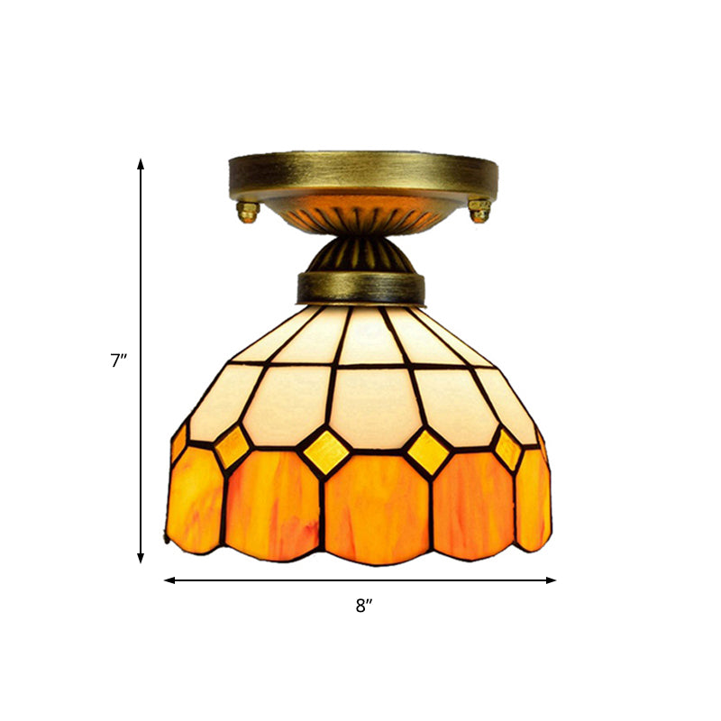 Tiffany Classic Grid Bowl Ceiling Mount Light 8"/6" Width Art Glass 1 Head Orange Ceiling Lamp for Bathroom Clearhalo 'Ceiling Lights' 'Close To Ceiling Lights' 'Close to ceiling' 'Glass shade' 'Glass' 'Semi-flushmount' 'Tiffany close to ceiling' 'Tiffany' Lighting' 179377