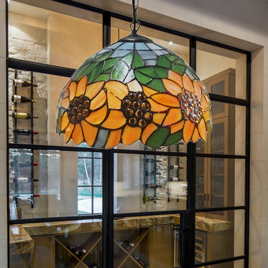 Sunflower Hanging Lamp 1 Head Orange Stained Glass Baroque Pendant Light Kit for Restaurant Orange Clearhalo 'Ceiling Lights' 'Chandeliers' 'Industrial' 'Middle Century Pendants' 'Pendant Lights' 'Pendants' 'Tiffany close to ceiling' 'Tiffany Pendants' 'Tiffany' Lighting' 179394