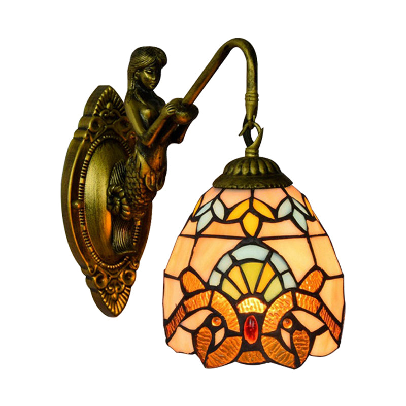 Antique Brass 1 Head Wall Mounted Light Tiffany Multicolor Stained Glass Dome Sconce Light Clearhalo 'Industrial' 'Middle century wall lights' 'Tiffany wall lights' 'Tiffany' 'Wall Lamps & Sconces' 'Wall Lights' Lighting' 179460