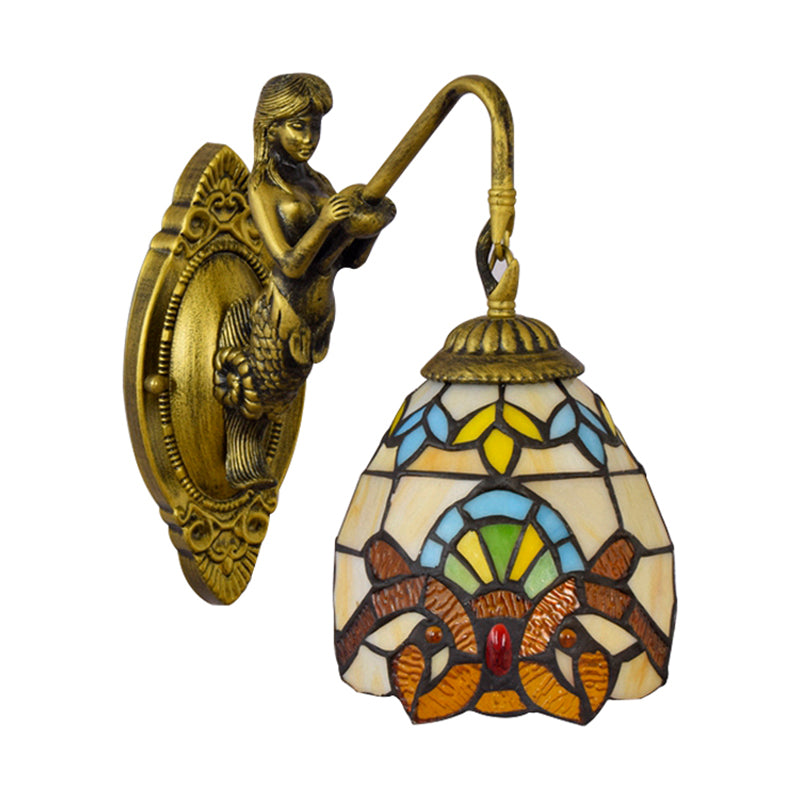 Antique Brass 1 Head Wall Mounted Light Tiffany Multicolor Stained Glass Dome Sconce Light Clearhalo 'Industrial' 'Middle century wall lights' 'Tiffany wall lights' 'Tiffany' 'Wall Lamps & Sconces' 'Wall Lights' Lighting' 179461
