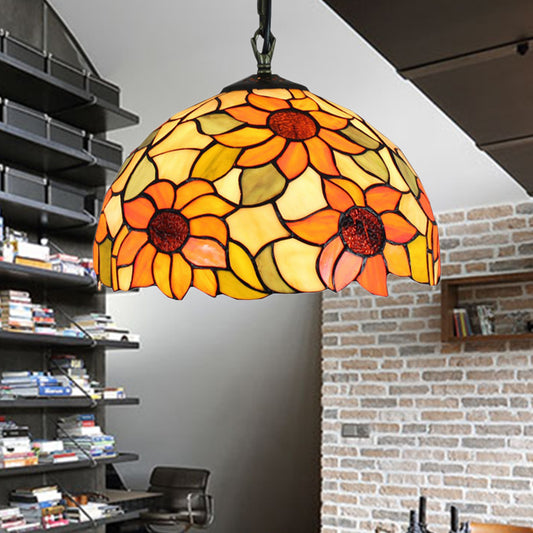 1 Bulb Living Room Hanging Lamp Tiffany Ceiling Pendant Light with Sunflower Orange Cut Glass Shade Clearhalo 'Ceiling Lights' 'Industrial' 'Middle Century Pendants' 'Pendant Lights' 'Pendants' 'Tiffany close to ceiling' 'Tiffany Pendants' 'Tiffany' Lighting' 179468