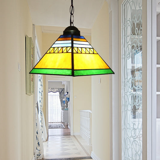 1 Light Foyer Pendant Lighting Tiffany Yellow Hanging Ceiling Light with Trapezoid Stained Glass Shade Clearhalo 'Ceiling Lights' 'Industrial' 'Middle Century Pendants' 'Pendant Lights' 'Pendants' 'Tiffany close to ceiling' 'Tiffany Pendants' 'Tiffany' Lighting' 179527