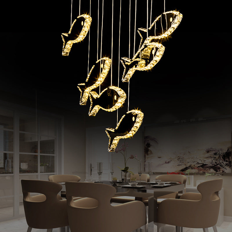 Crystal Fish Ceiling Chandelier Contemporary LED Chrome Hanging Light Fixture in White/Warm Light Clearhalo 'Ceiling Lights' 'Chandeliers' 'Modern Chandeliers' 'Modern' Lighting' 1795362