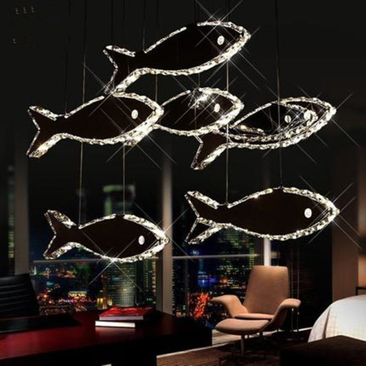 Crystal Fish Ceiling Chandelier Contemporary LED Chrome Hanging Light Fixture in White/Warm Light Clearhalo 'Ceiling Lights' 'Chandeliers' 'Modern Chandeliers' 'Modern' Lighting' 1795363