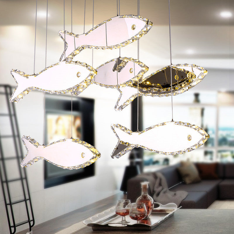 Crystal Fish Ceiling Chandelier Contemporary LED Chrome Hanging Light Fixture in White/Warm Light Clearhalo 'Ceiling Lights' 'Chandeliers' 'Modern Chandeliers' 'Modern' Lighting' 1795364