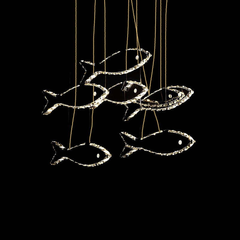 Crystal Fish Ceiling Chandelier Contemporary LED Chrome Hanging Light Fixture in White/Warm Light Clearhalo 'Ceiling Lights' 'Chandeliers' 'Modern Chandeliers' 'Modern' Lighting' 1795365
