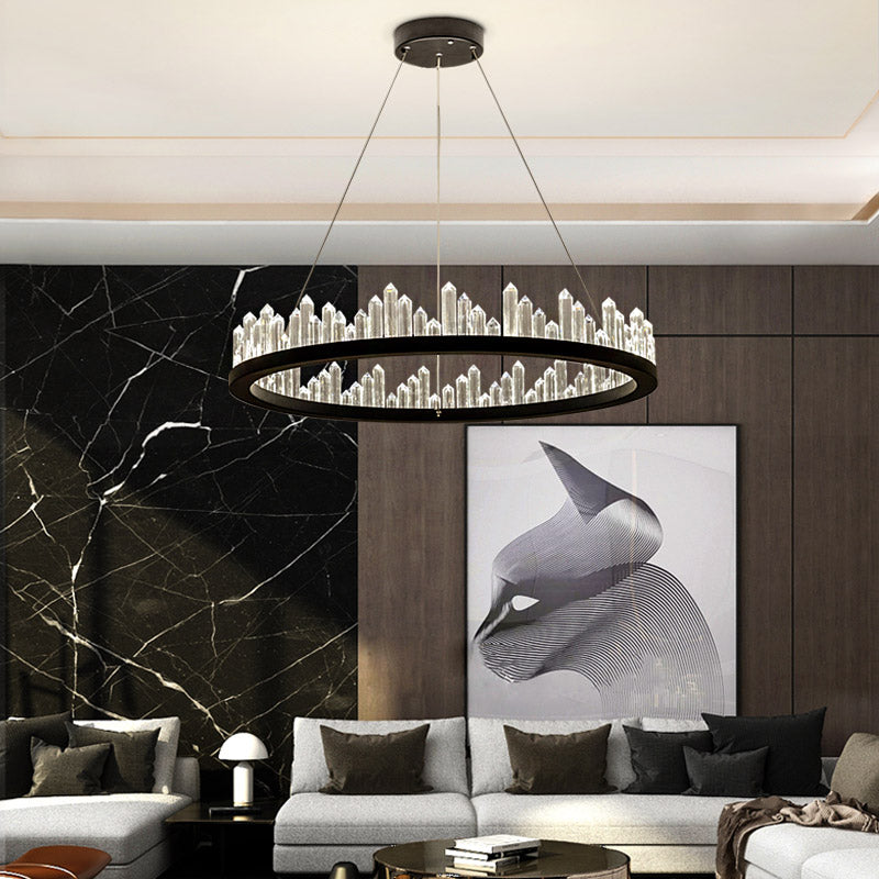 Circle Chandelier Light Modernism Crystal LED Black Suspended Lighting Fixture in Warm/White Light, 16"/23.5"/31.5" Wide Clearhalo 'Ceiling Lights' 'Chandeliers' 'Modern Chandeliers' 'Modern' Lighting' 1795380