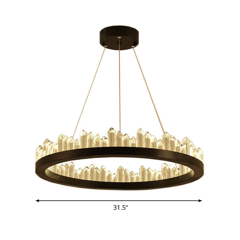 Circle Chandelier Light Modernism Crystal LED Black Suspended Lighting Fixture in Warm/White Light, 16"/23.5"/31.5" Wide Clearhalo 'Ceiling Lights' 'Chandeliers' 'Modern Chandeliers' 'Modern' Lighting' 1795385