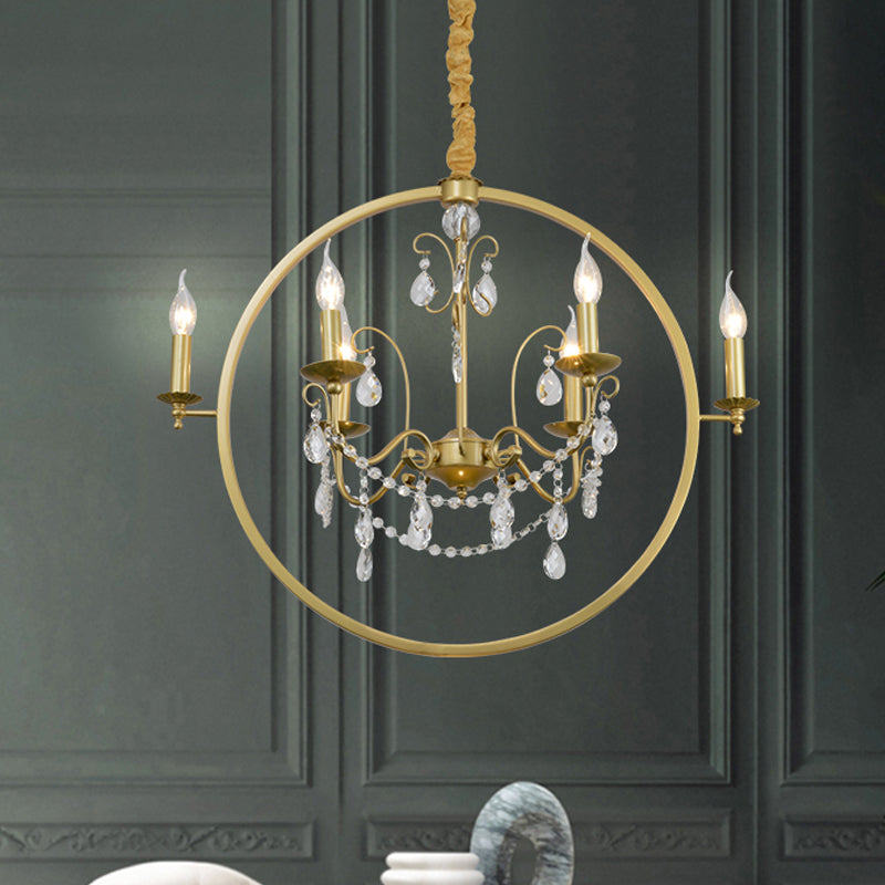 Metallic Golden Ceiling Pendant Circular 6/8-Head Colonial Style Chandelier Light with Crystal Draping Clearhalo 'Ceiling Lights' 'Chandeliers' Lighting' options 1795534