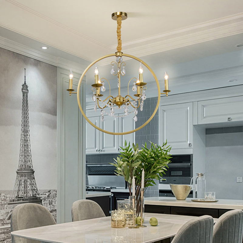 Metallic Golden Ceiling Pendant Circular 6/8-Head Colonial Style Chandelier Light with Crystal Draping Clearhalo 'Ceiling Lights' 'Chandeliers' Lighting' options 1795535