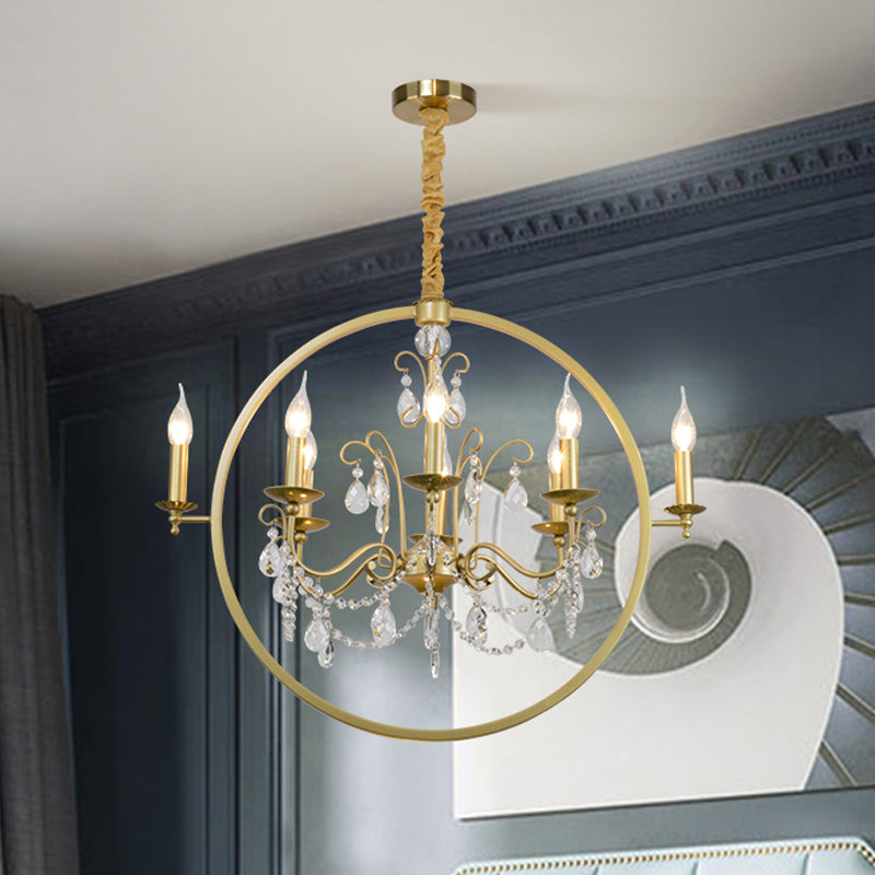 Metallic Golden Ceiling Pendant Circular 6/8-Head Colonial Style Chandelier Light with Crystal Draping Clearhalo 'Ceiling Lights' 'Chandeliers' Lighting' options 1795538