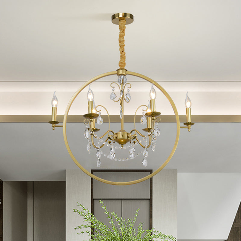 Metallic Golden Ceiling Pendant Circular 6/8-Head Colonial Style Chandelier Light with Crystal Draping Clearhalo 'Ceiling Lights' 'Chandeliers' Lighting' options 1795539