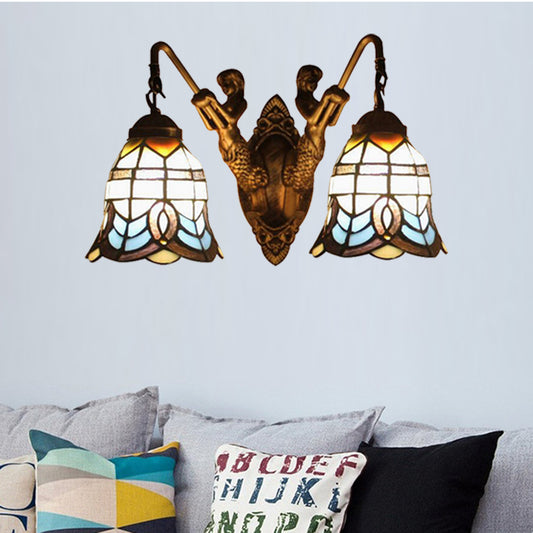 Baroque Wall Mount Light with Bell Shade and Mermaid Stained Glass Wall Lamp in Antique Brass for Foyer Clearhalo 'Industrial' 'Middle century wall lights' 'Tiffany wall lights' 'Tiffany' 'Wall Lamps & Sconces' 'Wall Lights' Lighting' 179553