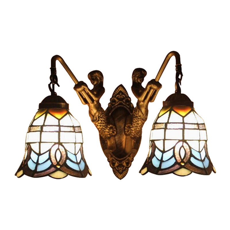 Baroque Wall Mount Light with Bell Shade and Mermaid Stained Glass Wall Lamp in Antique Brass for Foyer Clearhalo 'Industrial' 'Middle century wall lights' 'Tiffany wall lights' 'Tiffany' 'Wall Lamps & Sconces' 'Wall Lights' Lighting' 179554
