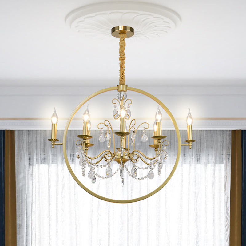 Metallic Golden Ceiling Pendant Circular 6/8-Head Colonial Style Chandelier Light with Crystal Draping Clearhalo 'Ceiling Lights' 'Chandeliers' Lighting' options 1795540