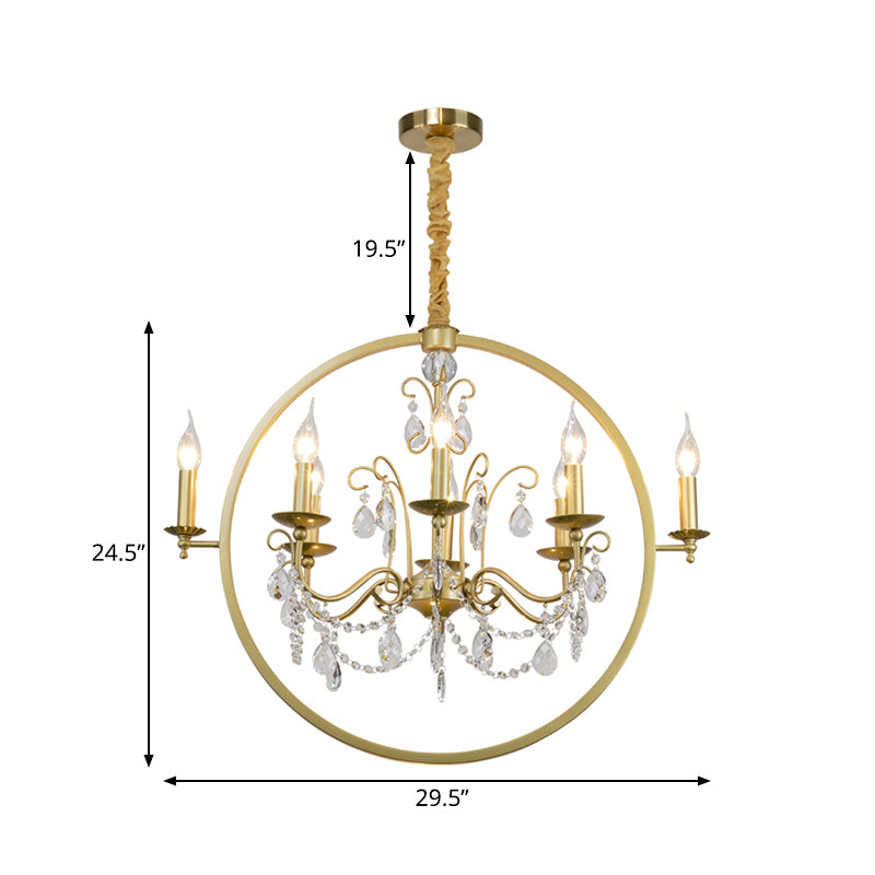 Metallic Golden Ceiling Pendant Circular 6/8-Head Colonial Style Chandelier Light with Crystal Draping Clearhalo 'Ceiling Lights' 'Chandeliers' Lighting' options 1795543