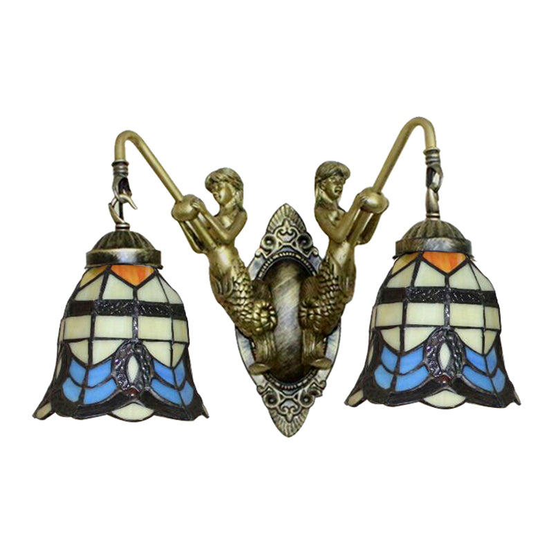 Baroque Wall Mount Light with Bell Shade and Mermaid Stained Glass Wall Lamp in Antique Brass for Foyer Clearhalo 'Industrial' 'Middle century wall lights' 'Tiffany wall lights' 'Tiffany' 'Wall Lamps & Sconces' 'Wall Lights' Lighting' 179555