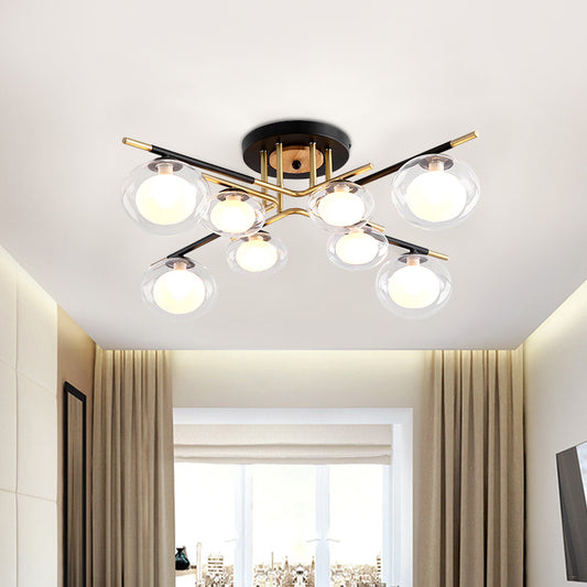 Dining Room Oval Shade Ceiling Fixture Glass and Metal Contemporary Gold Semi Flush Mount Light 8 Gold Clearhalo 'Ceiling Lights' 'Close To Ceiling Lights' 'Close to ceiling' 'Glass shade' 'Glass' 'Island Lights' 'Semi-flushmount' Lighting' 1796134