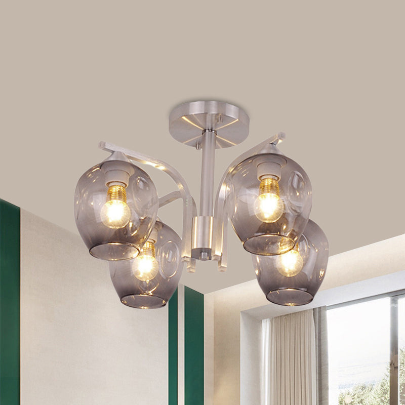 4 Heads Bud Shade Ceiling Light Contemporary Semi Flushmount Light for Dining Room Bedroom Smoke Gray Clearhalo 'Ceiling Lights' 'Close To Ceiling Lights' 'Close to ceiling' 'Glass shade' 'Glass' 'Semi-flushmount' Lighting' 1796186