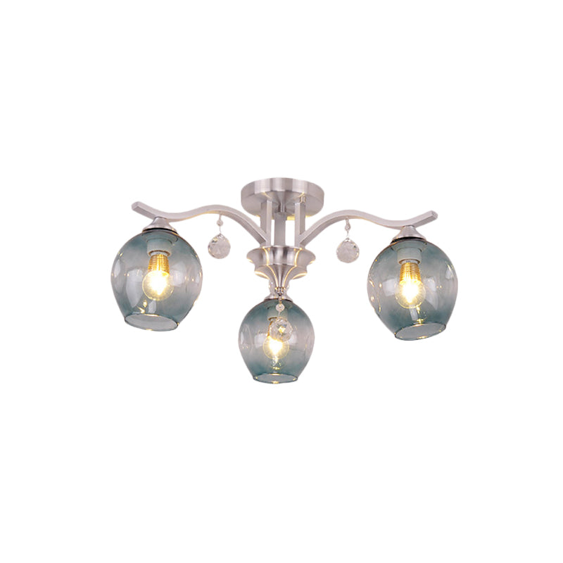 Smoke Glass Bud Semi Ceiling Mount Light Restaurant Hotel 3 Lights Modern Ceiling Lamp with Crystal Clearhalo 'Ceiling Lights' 'Close To Ceiling Lights' 'Close to ceiling' 'Semi-flushmount' Lighting' 1796205