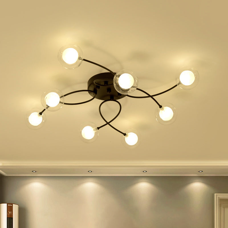 Twist Arm Living Room Ceiling Light Metal Multi-Head Romantic Semi Flushmount Light in Black Clearhalo 'Ceiling Lights' 'Close To Ceiling Lights' 'Close to ceiling' 'Glass shade' 'Glass' 'Semi-flushmount' Lighting' 1796209