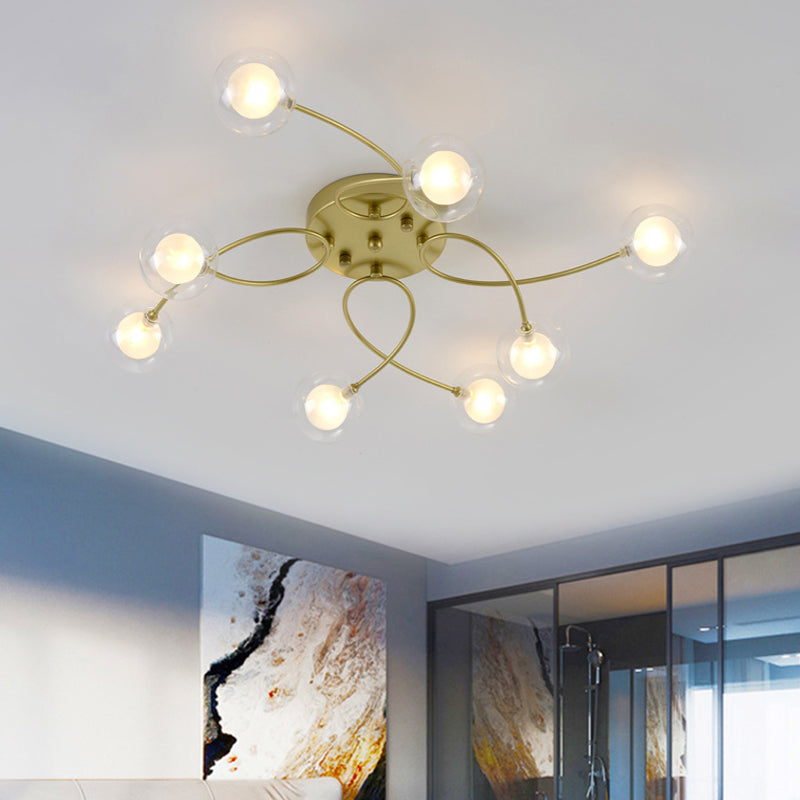 Metallic Semi Flush Mount Light Living Room Villa Multi-Head Romantic Ceiling Light in Gold 8 Gold Clearhalo 'Ceiling Lights' 'Close To Ceiling Lights' 'Close to ceiling' 'Glass shade' 'Glass' 'Semi-flushmount' Lighting' 1796227