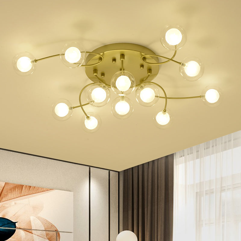 Metallic Semi Flush Mount Light Living Room Villa Multi-Head Romantic Ceiling Light in Gold 12 Gold Clearhalo 'Ceiling Lights' 'Close To Ceiling Lights' 'Close to ceiling' 'Glass shade' 'Glass' 'Semi-flushmount' Lighting' 1796232