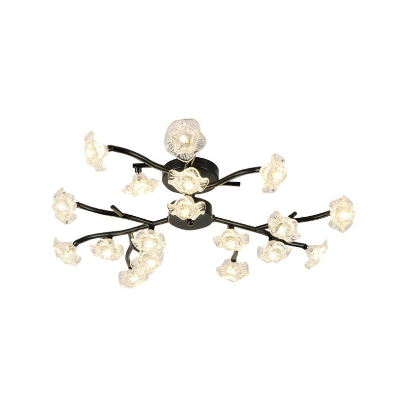 Modern Branch Ceiling Light with Flower Metal Semi Flush Mount Light in Black for Living Room Clearhalo 'Ceiling Lights' 'Close To Ceiling Lights' 'Close to ceiling' 'Glass shade' 'Glass' 'Semi-flushmount' Lighting' 1796249