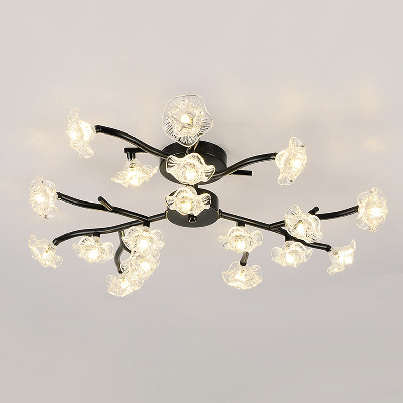 Modern Branch Ceiling Light with Flower Metal Semi Flush Mount Light in Black for Living Room Clearhalo 'Ceiling Lights' 'Close To Ceiling Lights' 'Close to ceiling' 'Glass shade' 'Glass' 'Semi-flushmount' Lighting' 1796250