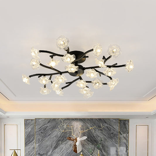 Modern Branch Ceiling Light with Flower Metal Semi Flush Mount Light in Black for Living Room Clearhalo 'Ceiling Lights' 'Close To Ceiling Lights' 'Close to ceiling' 'Glass shade' 'Glass' 'Semi-flushmount' Lighting' 1796254