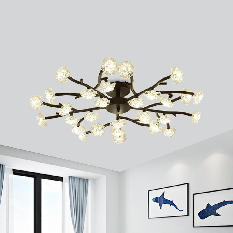 Modern Branch Ceiling Light with Flower Metal Semi Flush Mount Light in Black for Living Room Clearhalo 'Ceiling Lights' 'Close To Ceiling Lights' 'Close to ceiling' 'Glass shade' 'Glass' 'Semi-flushmount' Lighting' 1796259