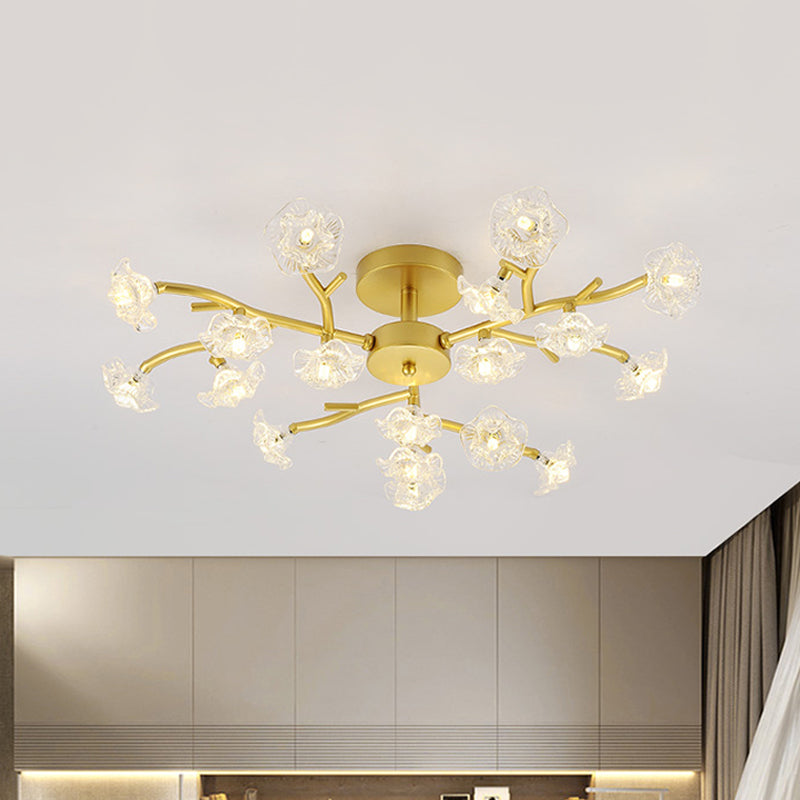 Contemporary Branch Ceiling Lamp with Blossom Metallic Gold Semi Flush Ceiling Light for Dining Room 18 Gold Clearhalo 'Ceiling Lights' 'Close To Ceiling Lights' 'Close to ceiling' 'Glass shade' 'Glass' 'Semi-flushmount' Lighting' 1796262