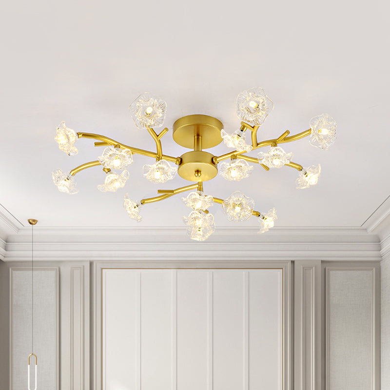 Contemporary Branch Ceiling Lamp with Blossom Metallic Gold Semi Flush Ceiling Light for Dining Room Clearhalo 'Ceiling Lights' 'Close To Ceiling Lights' 'Close to ceiling' 'Glass shade' 'Glass' 'Semi-flushmount' Lighting' 1796263