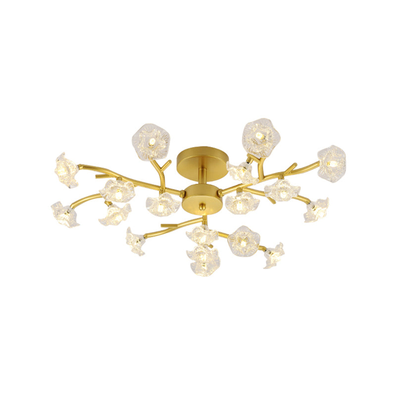 Contemporary Branch Ceiling Lamp with Blossom Metallic Gold Semi Flush Ceiling Light for Dining Room Clearhalo 'Ceiling Lights' 'Close To Ceiling Lights' 'Close to ceiling' 'Glass shade' 'Glass' 'Semi-flushmount' Lighting' 1796264