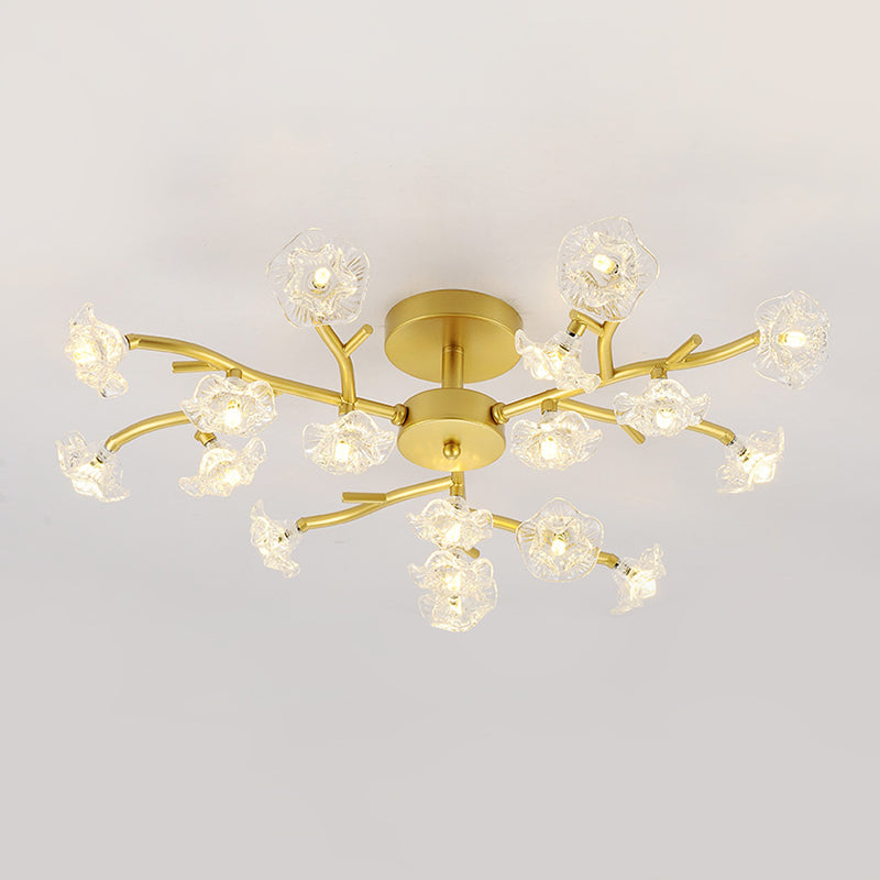 Contemporary Branch Ceiling Lamp with Blossom Metallic Gold Semi Flush Ceiling Light for Dining Room Clearhalo 'Ceiling Lights' 'Close To Ceiling Lights' 'Close to ceiling' 'Glass shade' 'Glass' 'Semi-flushmount' Lighting' 1796265
