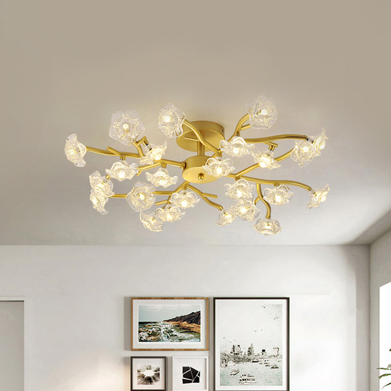 Contemporary Branch Ceiling Lamp with Blossom Metallic Gold Semi Flush Ceiling Light for Dining Room 24 Gold Clearhalo 'Ceiling Lights' 'Close To Ceiling Lights' 'Close to ceiling' 'Glass shade' 'Glass' 'Semi-flushmount' Lighting' 1796267