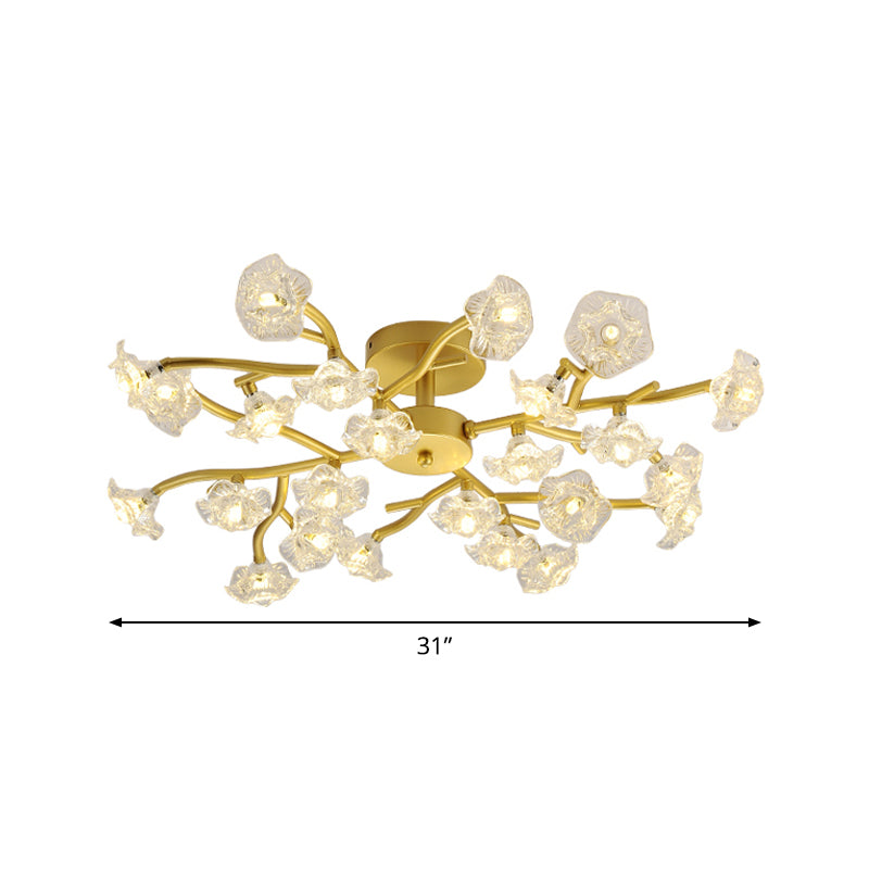 Contemporary Branch Ceiling Lamp with Blossom Metallic Gold Semi Flush Ceiling Light for Dining Room Clearhalo 'Ceiling Lights' 'Close To Ceiling Lights' 'Close to ceiling' 'Glass shade' 'Glass' 'Semi-flushmount' Lighting' 1796271