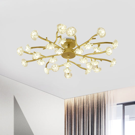 Contemporary Branch Ceiling Lamp with Blossom Metallic Gold Semi Flush Ceiling Light for Dining Room 30 Gold Clearhalo 'Ceiling Lights' 'Close To Ceiling Lights' 'Close to ceiling' 'Glass shade' 'Glass' 'Semi-flushmount' Lighting' 1796272