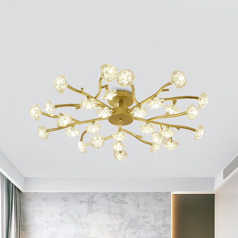 Contemporary Branch Ceiling Lamp with Blossom Metallic Gold Semi Flush Ceiling Light for Dining Room Clearhalo 'Ceiling Lights' 'Close To Ceiling Lights' 'Close to ceiling' 'Glass shade' 'Glass' 'Semi-flushmount' Lighting' 1796273