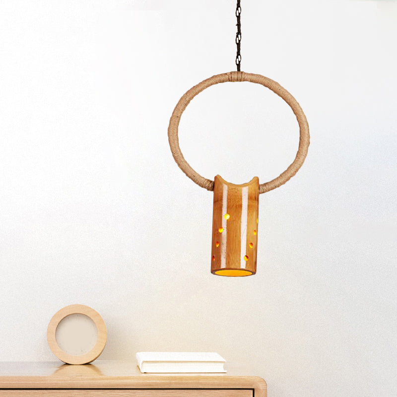 Tube Bistro Hanging Light Fixture Bamboo Rustic Ceiling Pendant Light with Ring in Beige 1 Yellow Clearhalo 'Ceiling Lights' 'Pendant Lights' 'Pendants' Lighting' 1796323_f5f51208-dbec-4314-b1b8-087b00c54c1b