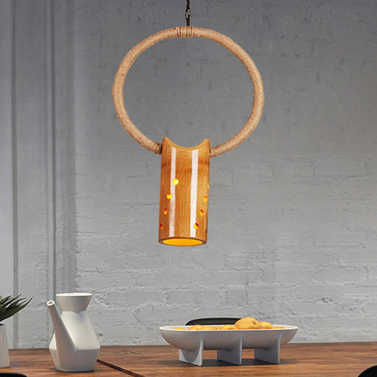 Tube Bistro Hanging Light Fixture Bamboo Rustic Ceiling Pendant Light with Ring in Beige Clearhalo 'Ceiling Lights' 'Pendant Lights' 'Pendants' Lighting' 1796324