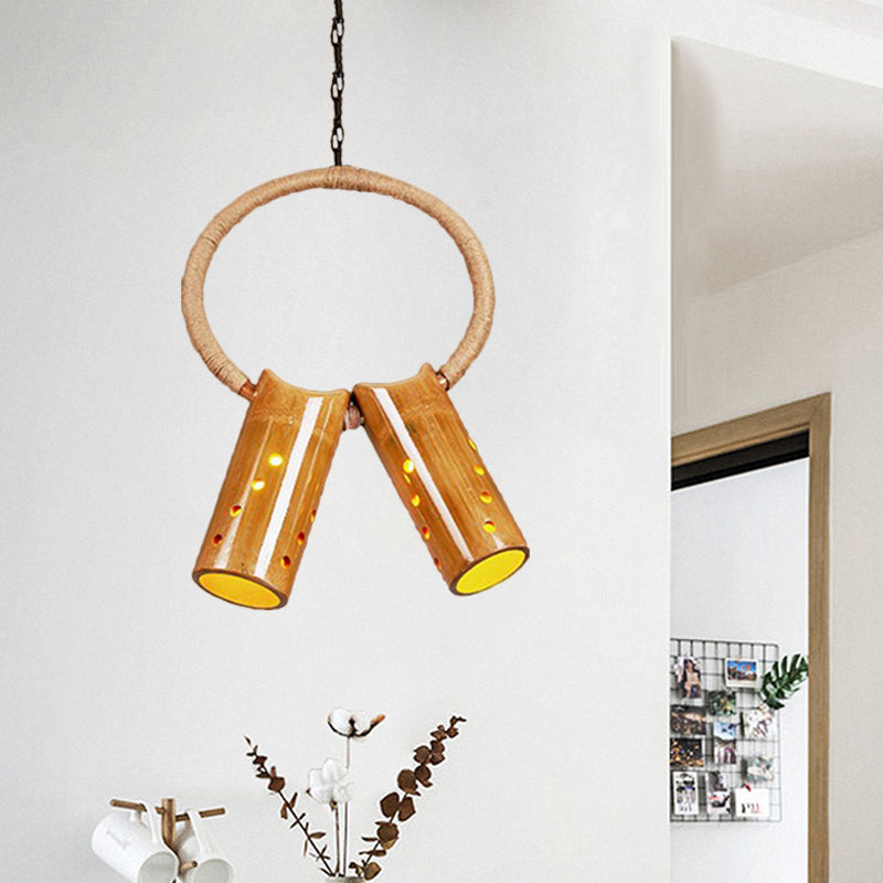 Tube Bistro Hanging Light Fixture Bamboo Rustic Ceiling Pendant Light with Ring in Beige Clearhalo 'Ceiling Lights' 'Pendant Lights' 'Pendants' Lighting' 1796329