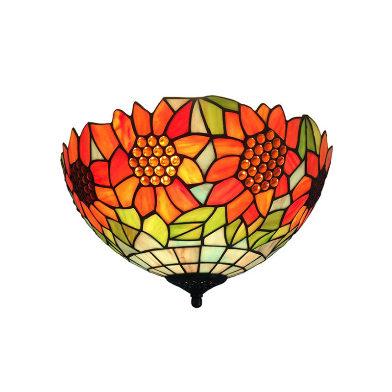 Rustic Sunflower Ceiling Mount Light Stained Glass Flush Light in Orange for Dining Room Clearhalo 'Ceiling Lights' 'Close To Ceiling Lights' 'Close to ceiling' 'Flush mount' Lighting' 179633